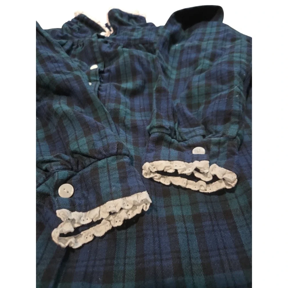 Lanz of Salzburg Green Blue Plaid Flannel Nightgown Maxi Lace Trim PM - Picture 5 of 13
